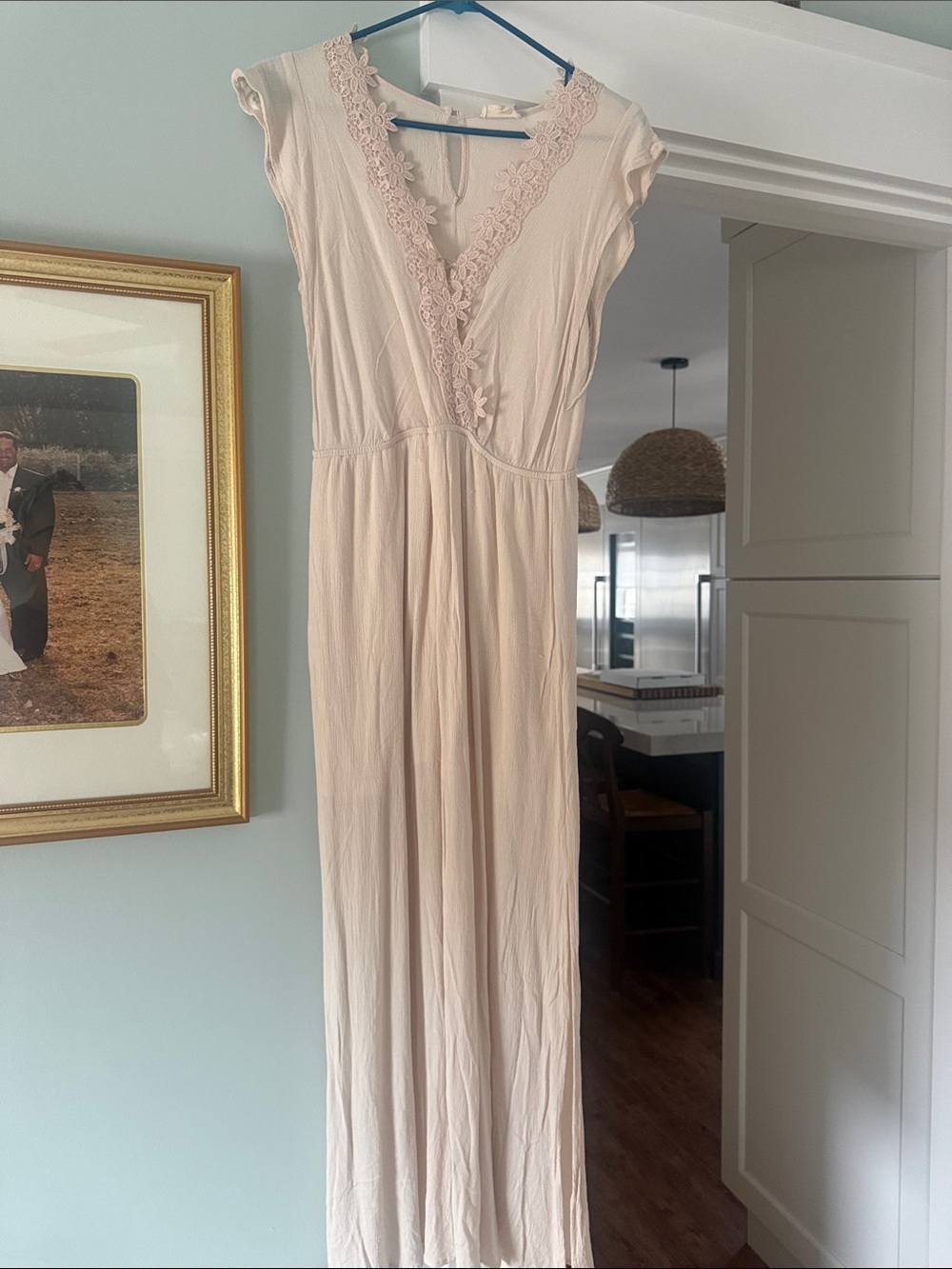 Hem and Thread Soft Cream Maxi Dress with Lace V-Neck